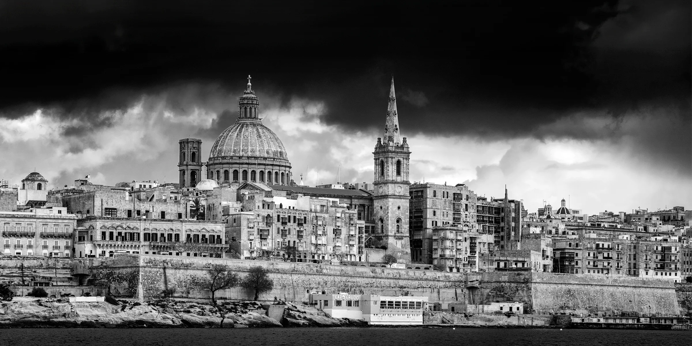 Black and white panoramic view of Valletta, Malta